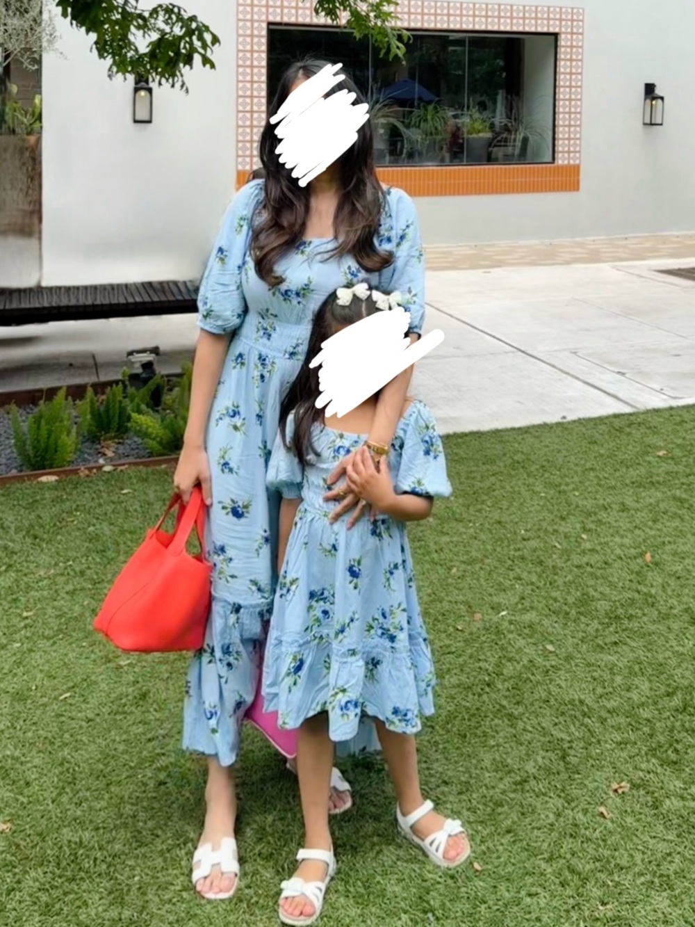 Mommy and Me Blue Floral Puff-Sleeve Dress